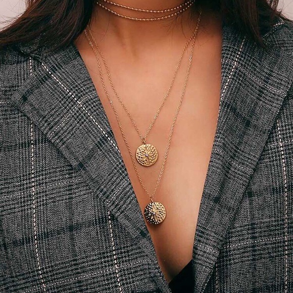 Dainty Round Pendant Layered Chain Necklace Gold - Picture 1 of 6